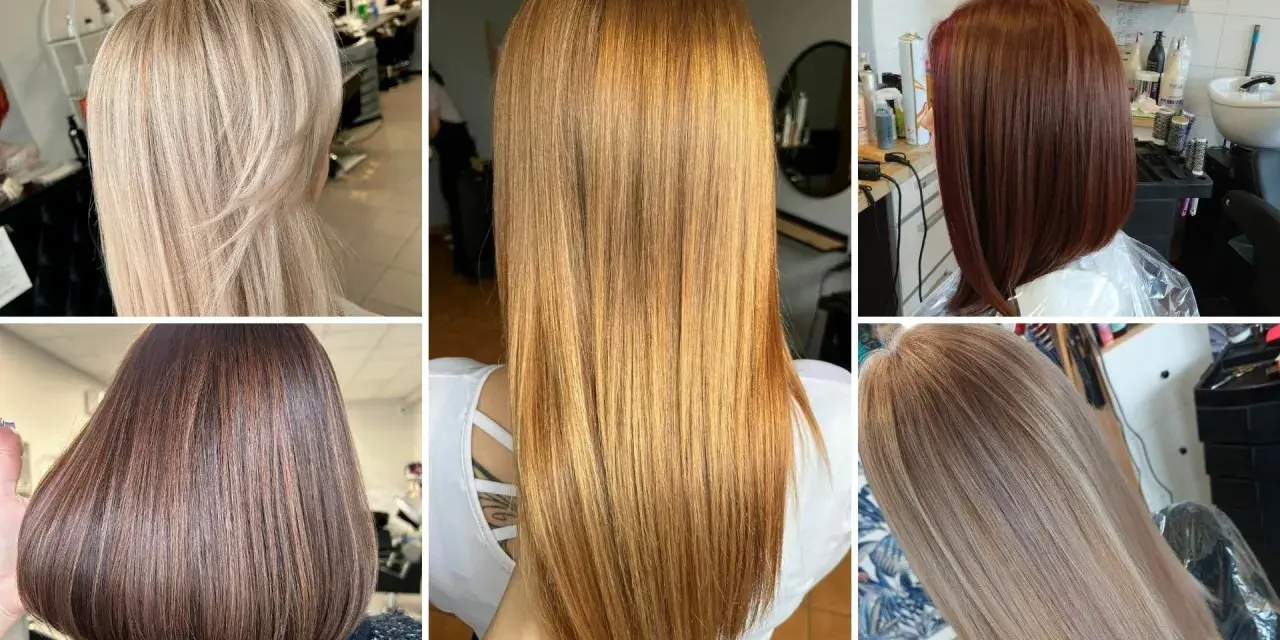 Kolaż prezentuje modną koloryzację włosów: platynowy blond, miedziany rudy, głęboki brąz z refleksami, rudy bob i popielaty blond.