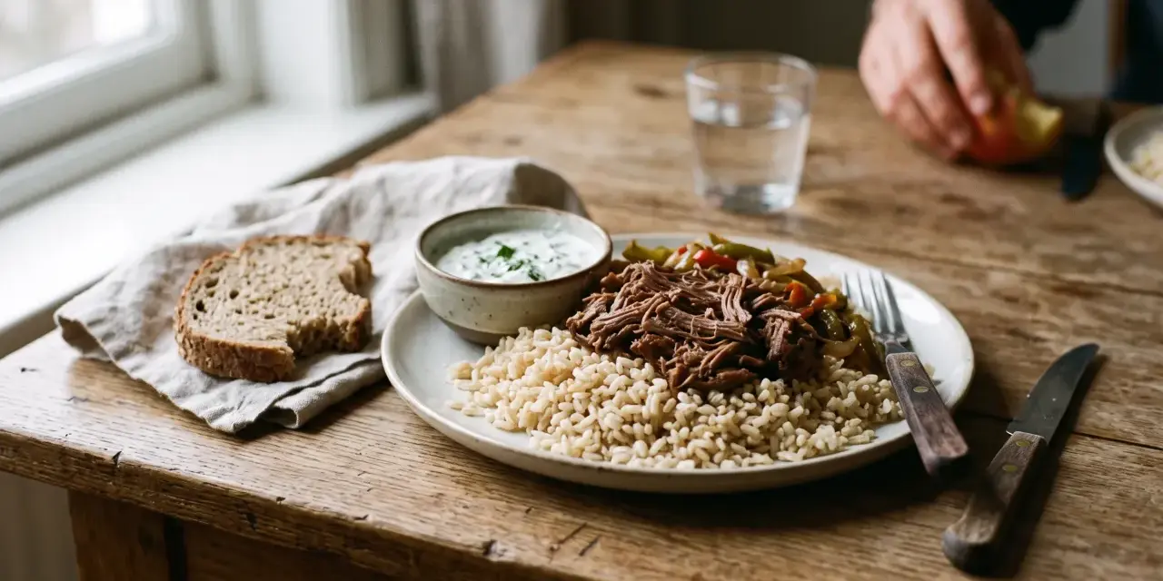 Assiette de riz brun, effiloché de bœuf et légumes, avec une sauce blanche et du pain. Une alimentation équilibrée pour la musculation.