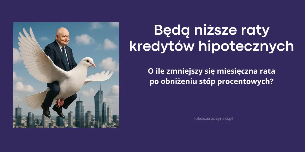 Mężczyzna na gołębiu nad miastem. Pytanie: o ile spadnie rata kredytu po obniżeniu stóp procentowych?