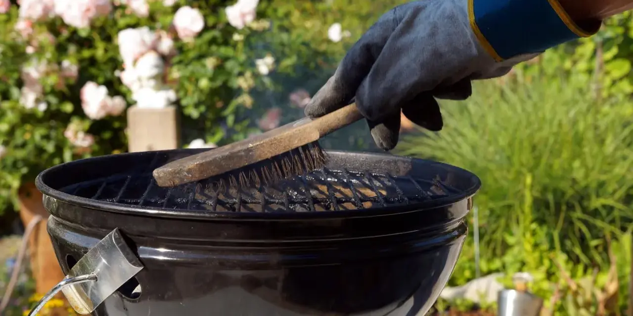 Mit einem Handschuh wird der Grillrost gereinigt. Rauch steigt auf, während die Bürste über die Roste fährt.
