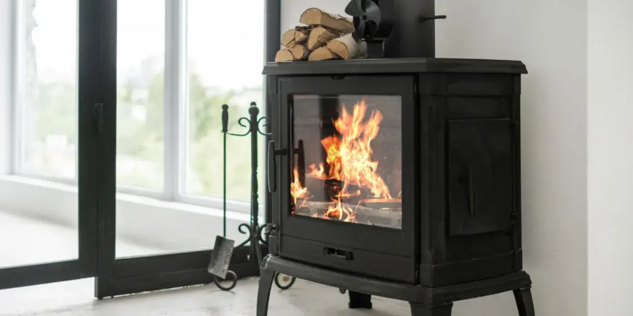 Poêle à bois crépitant, optimisant le pouvoir calorifique du pellet pour une chaleur réconfortante. Un ventilateur et du bois sont prêts à l'emploi.
