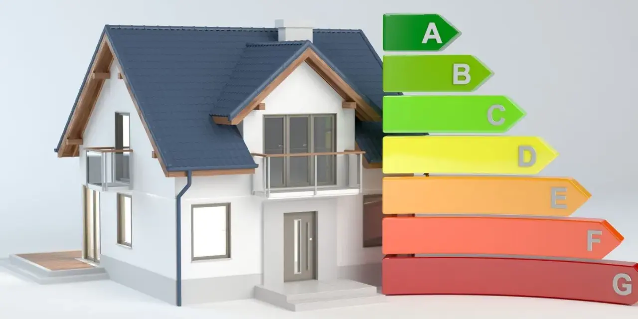 Maison moderne avec étiquette énergétique. Un audit énergétique tarif peut révéler la classe A à G de votre logement.