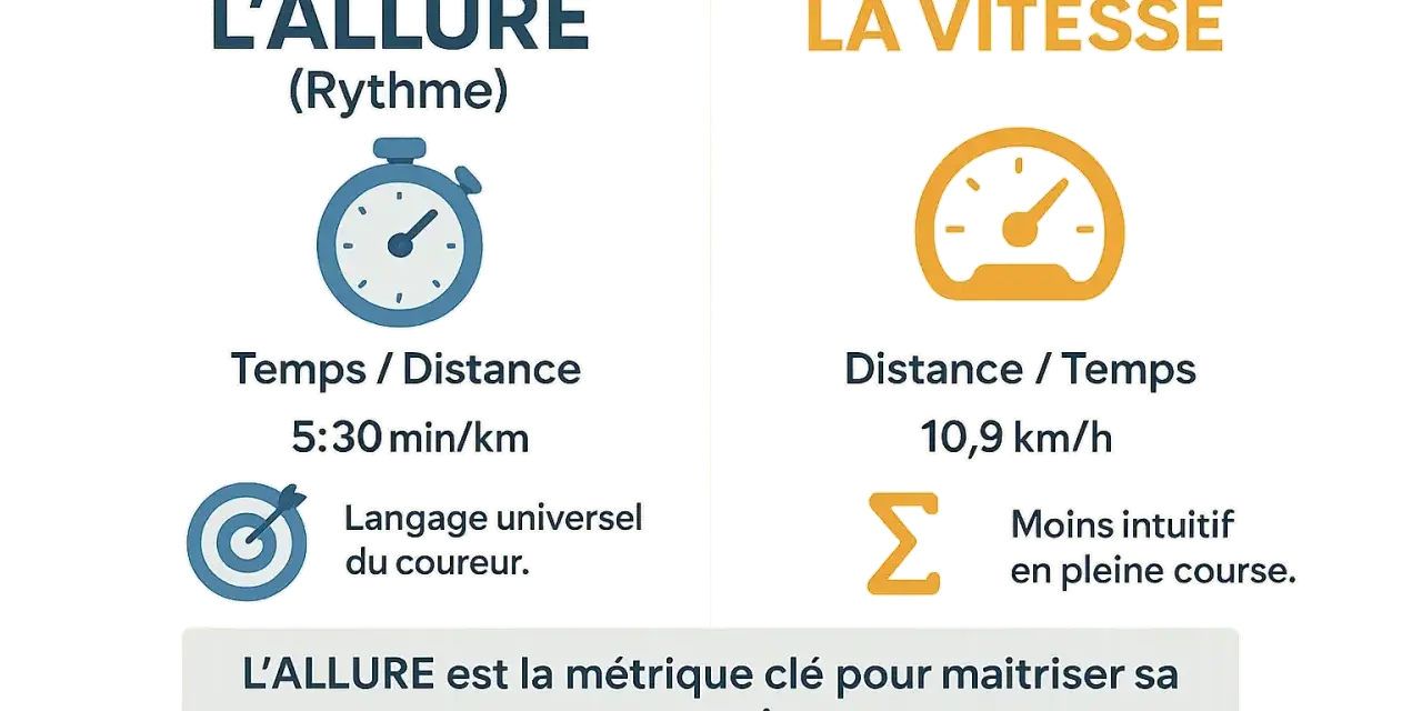 Comparaison entre allure (temps/distance) et vitesse (distance/temps). L'allure aide à calculer une vitesse intuitivement.