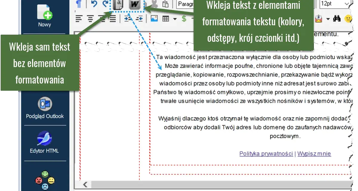 Wybór opcji wklejania tekstu: bez formatowania lub z elementami formatowania (kolory, odstępy, krój czcionki). To ułatwia zarządzanie skróty w grafiku pracy.