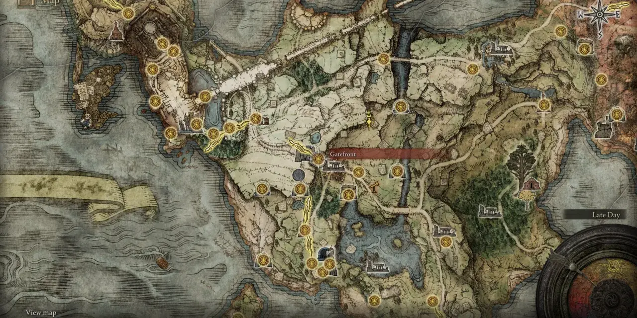 Mapa de Elden Ring. La zona de Gatefront es ideal para farmear runas.