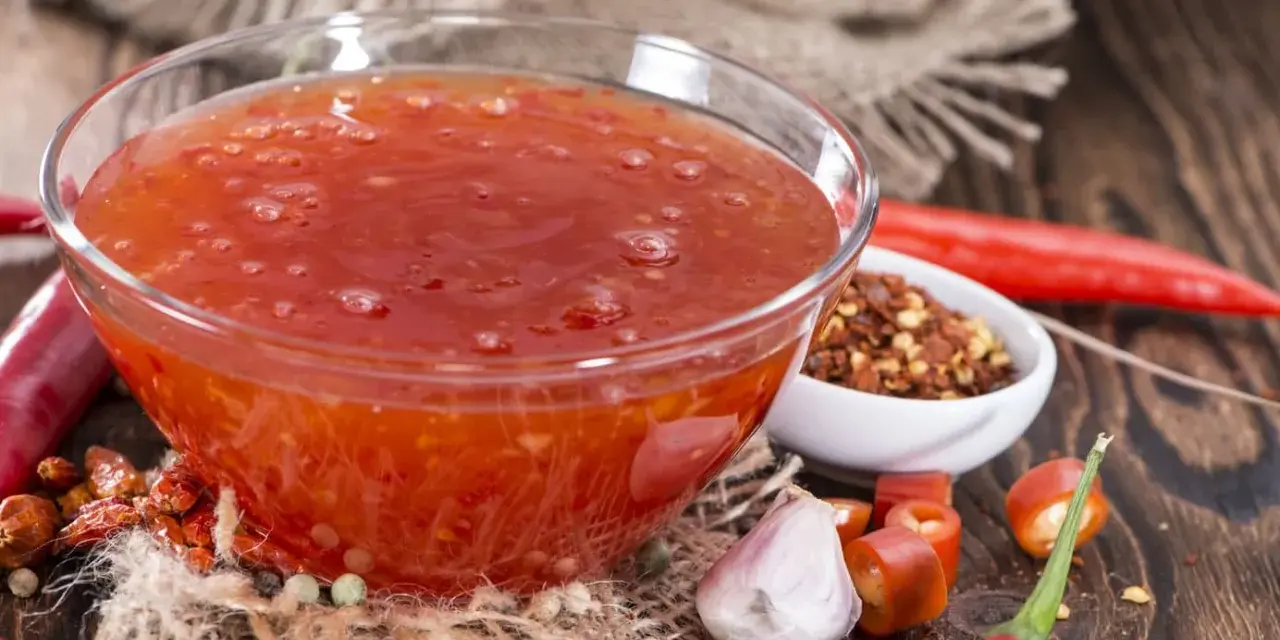 Schüssel mit leuchtend roter Sweet Chili Sauce, umgeben von frischen Chilis, Knoblauch und Gewürzen. Perfekt für ein Sweet Chili Sauce Rezept!