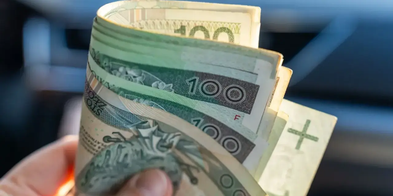 Dłoń trzyma zwitek polskich banknotów 100 zł. Dokument orzeczenie o niepełnosprawności może pomóc w uzyskaniu zasiłek pielęgnacyjny.