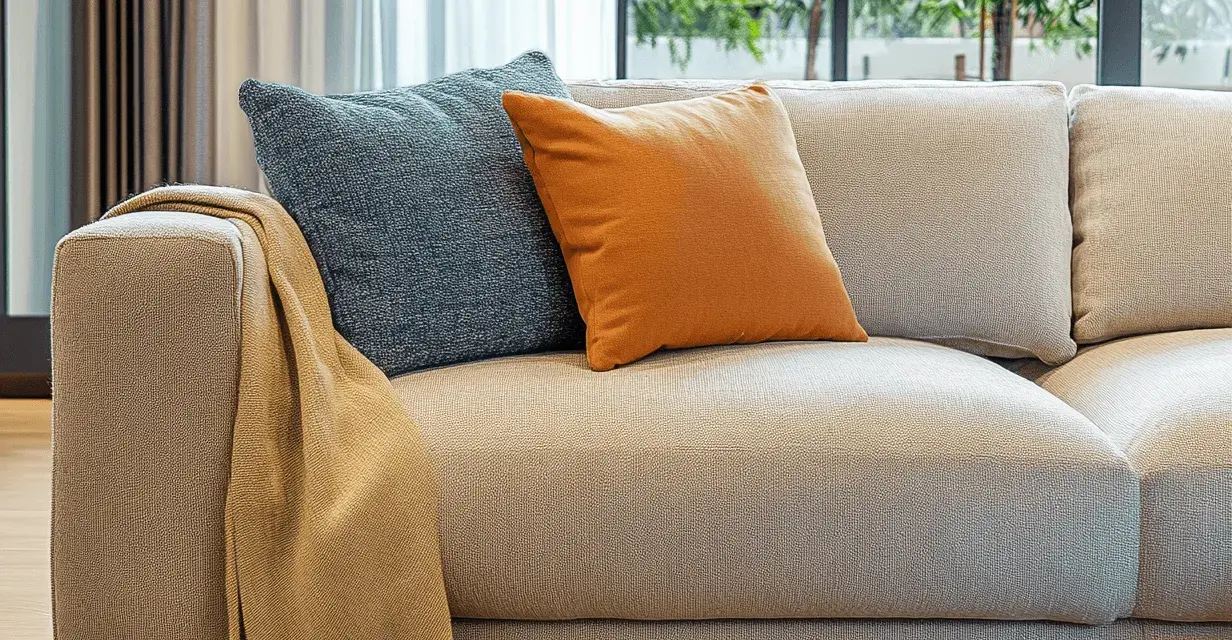 Sofá de tela beige con cojines azul y naranja, y una manta doblada. Ideal para limpiar sofá de tela y mantenerlo como nuevo.