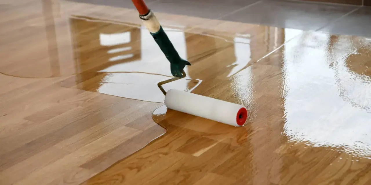 Application d'une couche de vitrificateur sur un parquet en bois. Le temps de séchage entre 2 couches est crucial pour un résultat parfait.