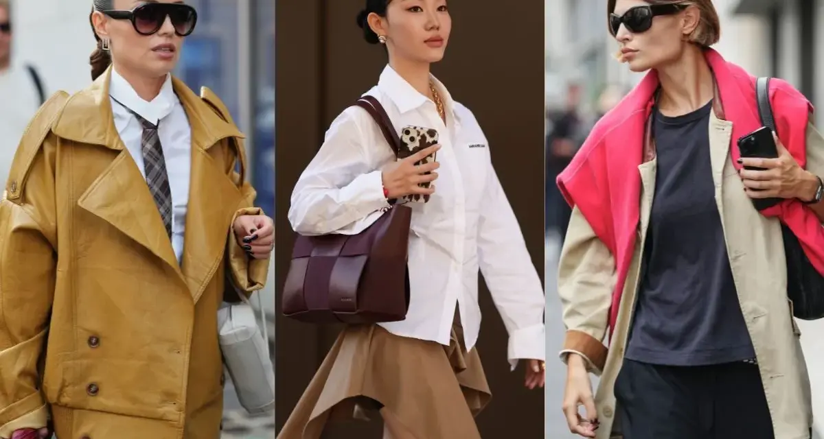 Trzy kobiety prezentują modne stylizacje z elementami color blocking: musztardowa kurtka, brązowa torebka i beżowy płaszcz z fuksjową narzutką.