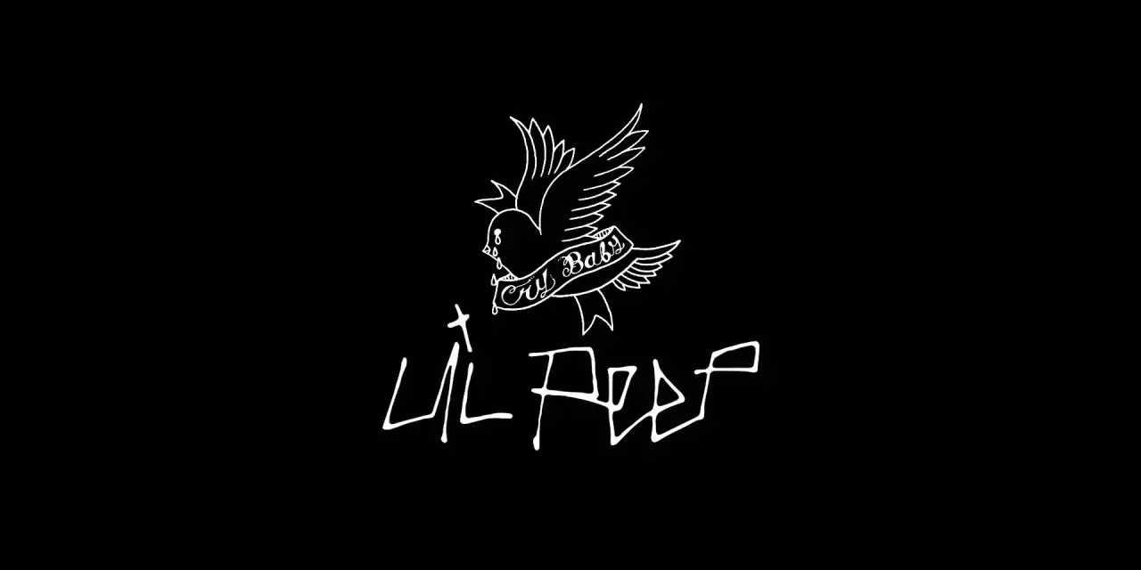 Biały ptak z napisem "Cry Baby" na wstędze i podpis "Lil Peep" na czarnym tle. Bez wątpienia symbolizuje smutek.