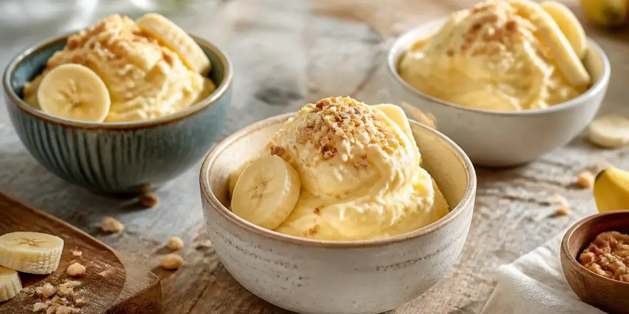 Cremiges Bananensirbet in Schalen, garniert mit Bananenscheiben und Nüssen. Ein erfrischender Genuss!