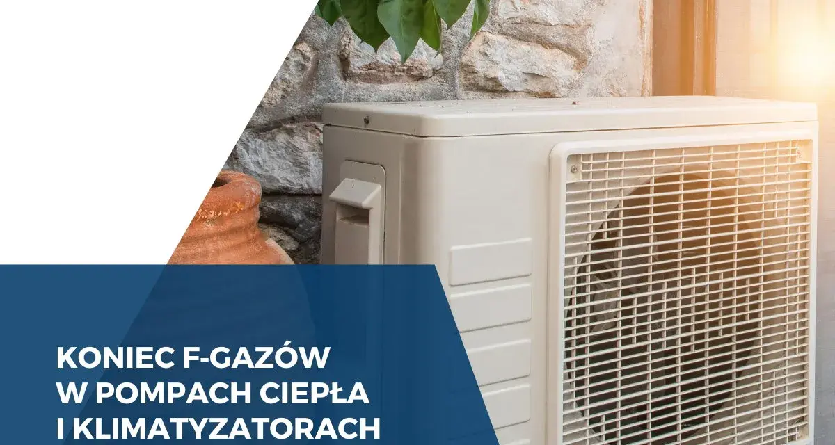 Koniec F-gazów w pompach ciepła i klimatyzatorach. Jednostka zewnętrzna klimatyzatora na tle kamiennej ściany.