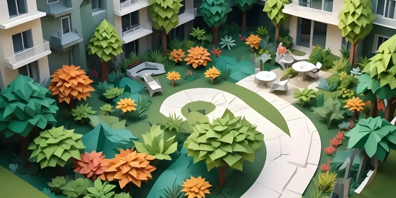 Un giardino stilizzato con alberi di carta e fiori colorati, circondato da palazzi verdi. Un percorso bianco serpeggia tra la vegetazione.