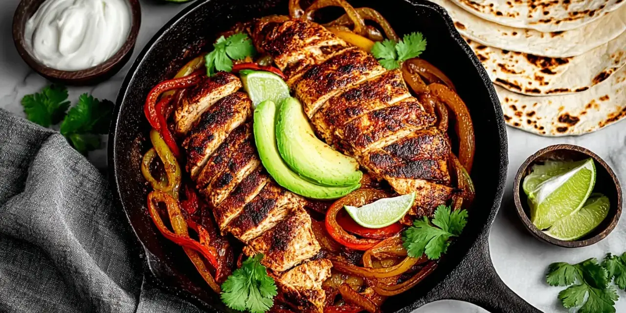 Fajitas de pollo con pimientos, aguacate y tortillas. ¡Un festín listo para disfrutar!