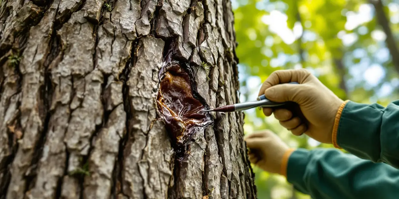 Une main gantée prélève de la résine sur un vieil arbre. Peut-on abattre un arbre de plus de 30 ans ? La nature a ses secrets.