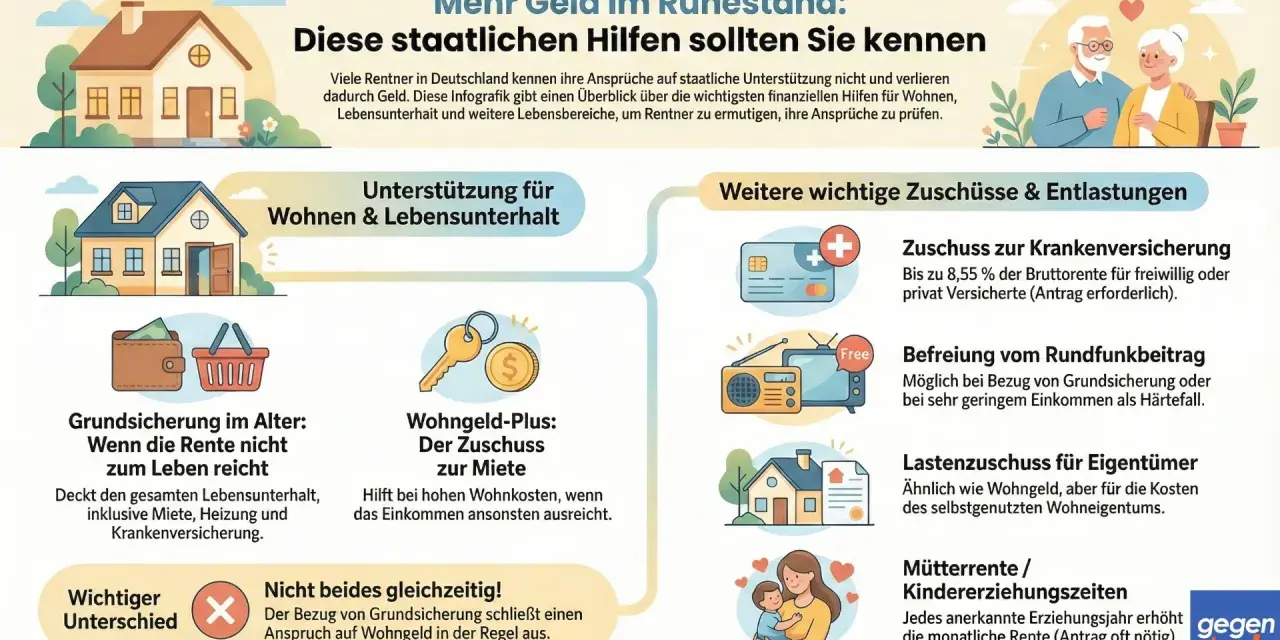 Infografik zeigt staatliche Hilfen für Rentner. Sie erklärt, wieviel Rentenpunkte bei Pflegegrad 2 relevant sind, z.B. Wohngeld-Plus.