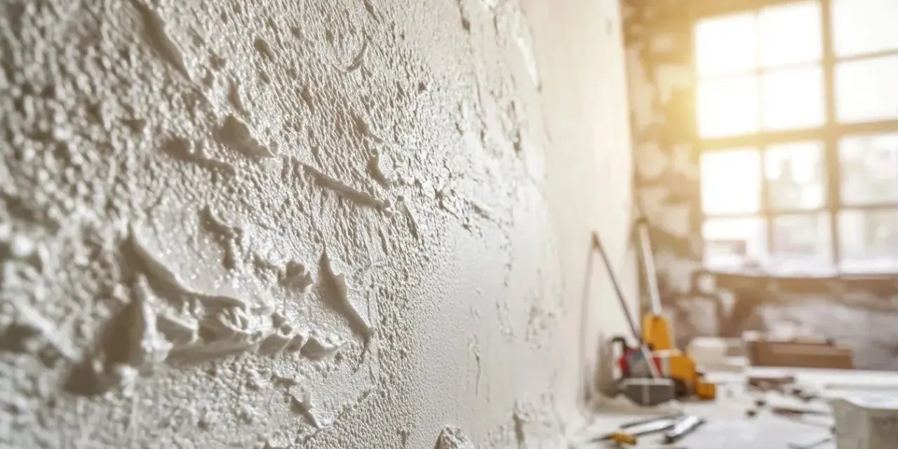 Gros plan sur un tableau avec enduit texturé, des outils de chantier et une fenêtre ensoleillée en arrière-plan.