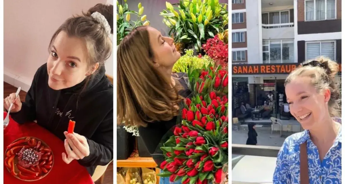 Uśmiechnięta dziewczyna przy stole z papryką, z bukietem tulipanów i przed restauracją Sanah.