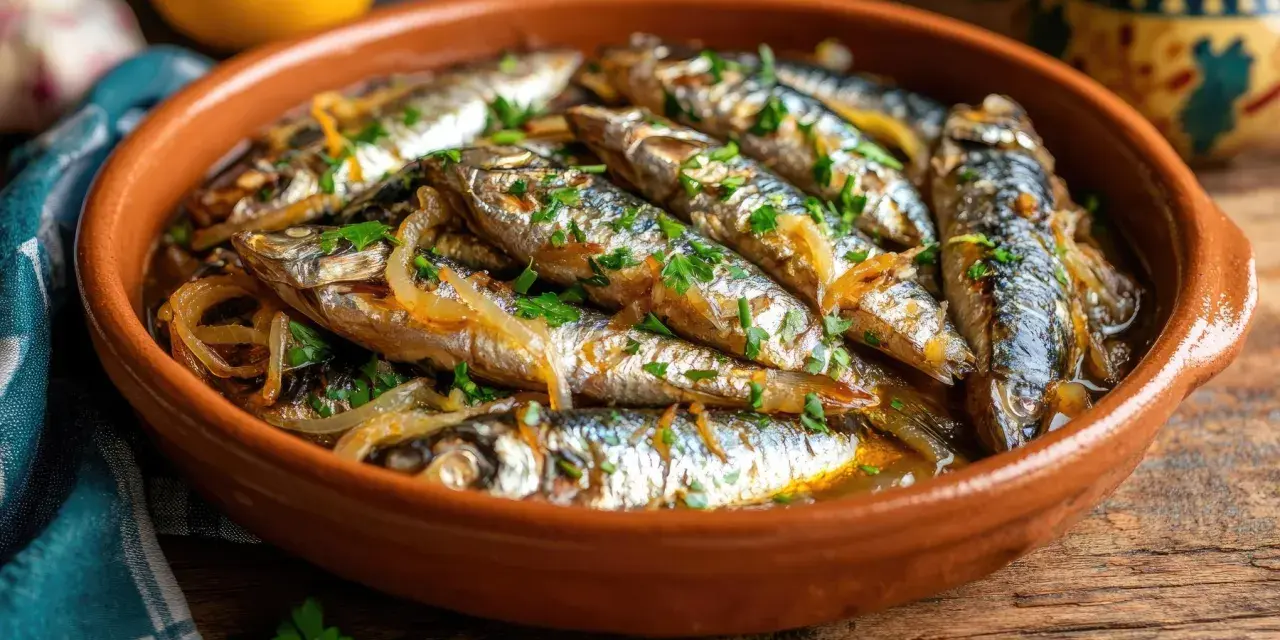 Sardinas en escabeche, un plato tradicional con cebolla y perejil, servido en una cazuela de barro.