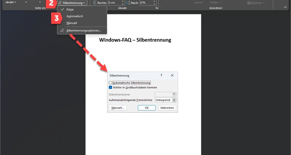 Menüpunkt "Layout" > "Silbentrennung" > "Automatisch" ausgewählt. Dialogfeld "Silbentrennung" mit Option "Automatische Silbentrennung" ist geöffnet.