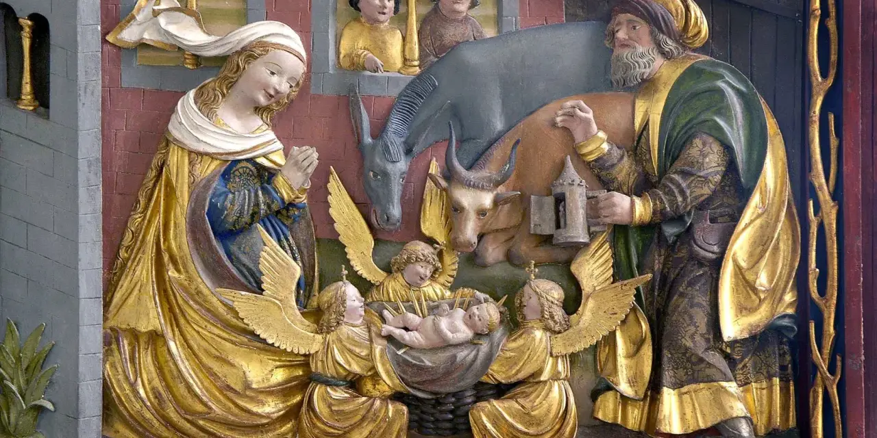 Detailreiche Darstellung der Geburt Jesu zu Weihnachten: Maria, Josef, Engel und Tiere um das Jesuskind.