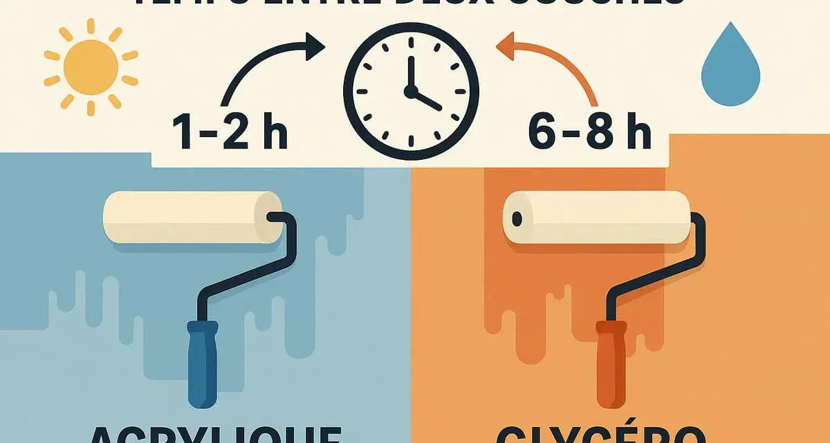 Temps entre deux couches de peinture : 1-2h pour l'acrylique (soleil), 6-8h pour la glycéro (goutte d'eau).