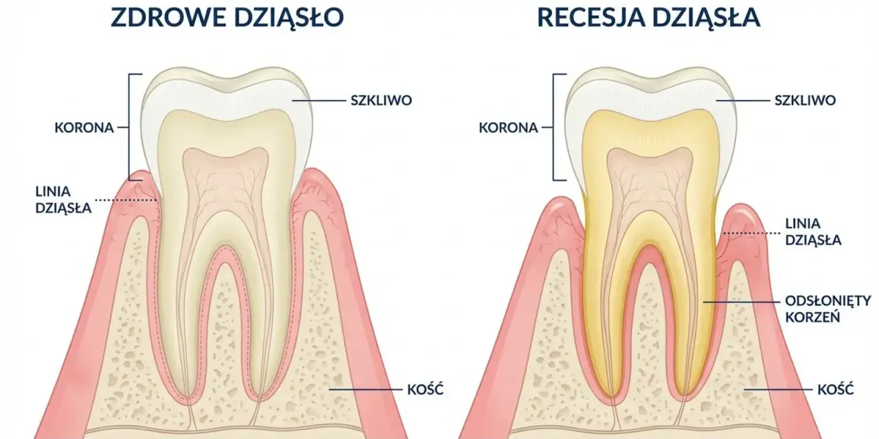 Zdrowe dziąsło vs recesja dziąsła. Recesja powoduje odsłonięcie korzenia i może prowadzić do bólu dziąsła między zębami.