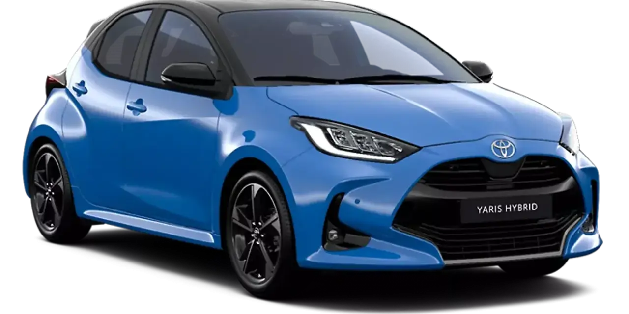 Niebieski Toyota Yaris Hybrid z czarnym dachem. Sprawdź aktualną toyota yaris cena i wybierz swój wymarzony samochód.