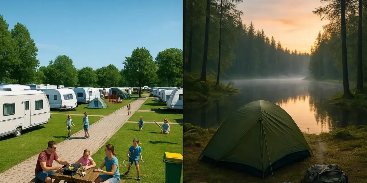 Dwa ujęcia: słoneczny kemping z przyczepami i bawiącymi się dziećmi, oraz namiot nad jeziorem o wschodzie słońca. Idealne miejsca na wdzydze camping.