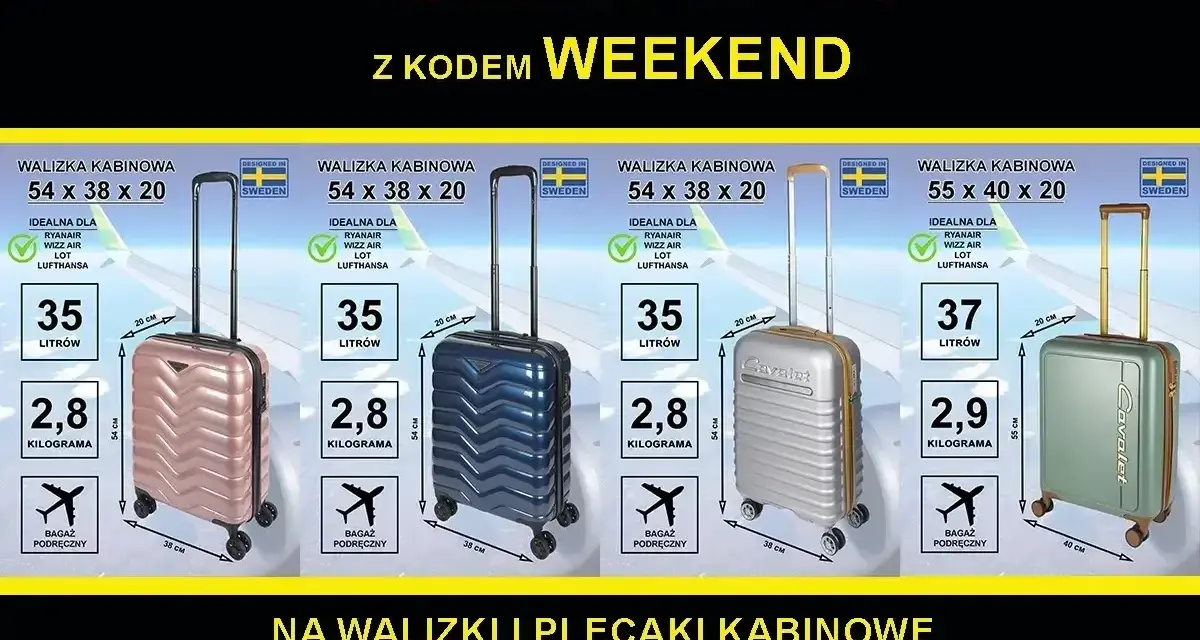 Walizki kabinowe idealne na bagaż podręczny Ryanair. Wymiary 54x38x20 cm, pojemność 35 litrów, waga 2,8 kg.