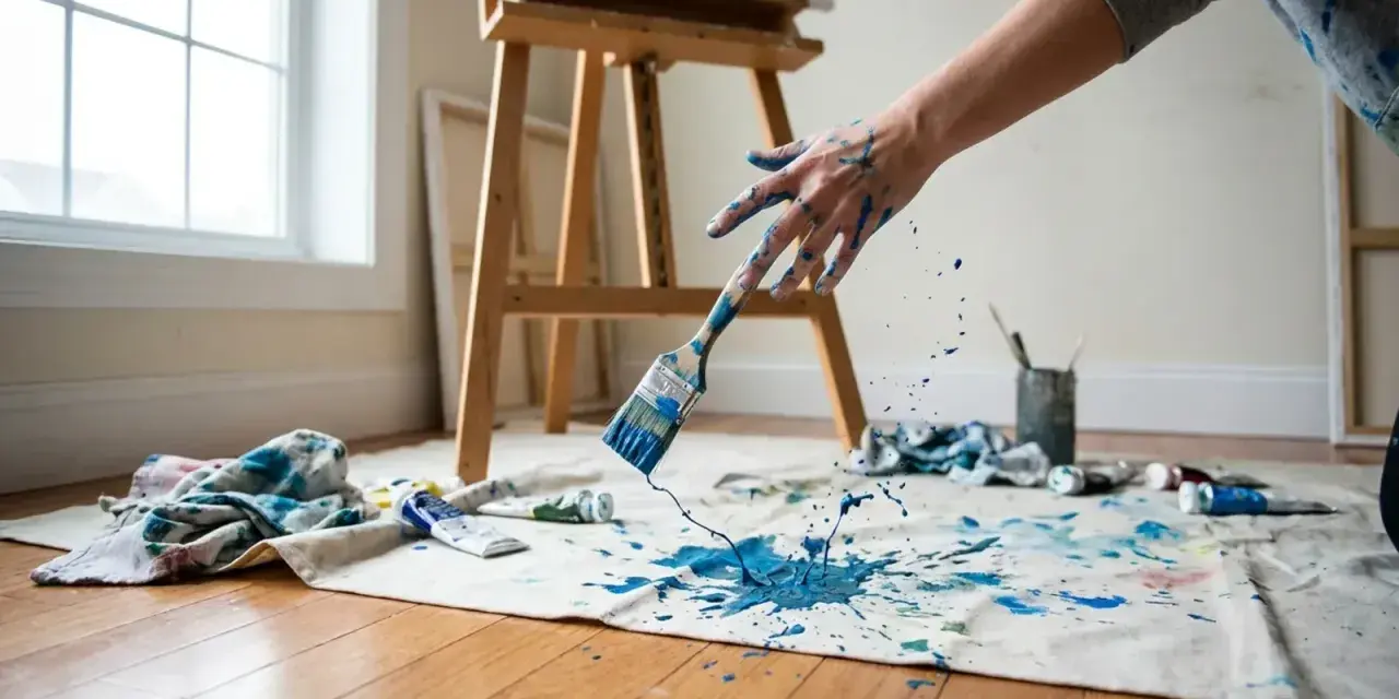 Main bleue, pinceau dégoulinant de peinture acrylique sèche, éclaboussures bleues sur une toile au sol.