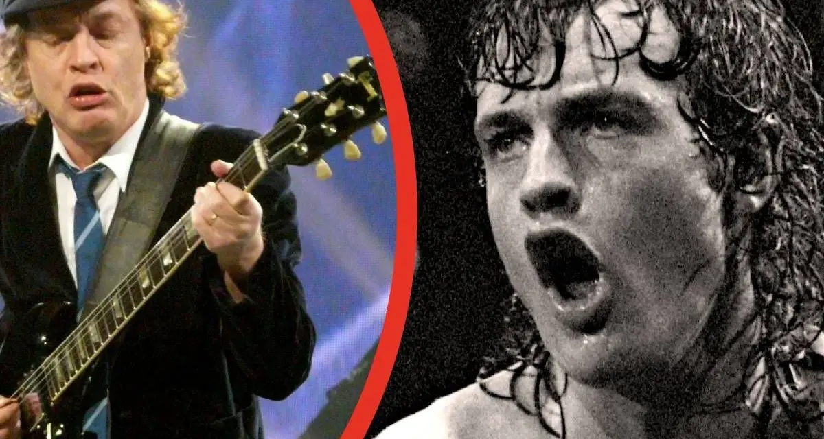 Gitarzysta AC/DC w czapce i krawacie gra na gitarze. Obok jego wizerunek z mokrymi włosami i otwartymi ustami.
