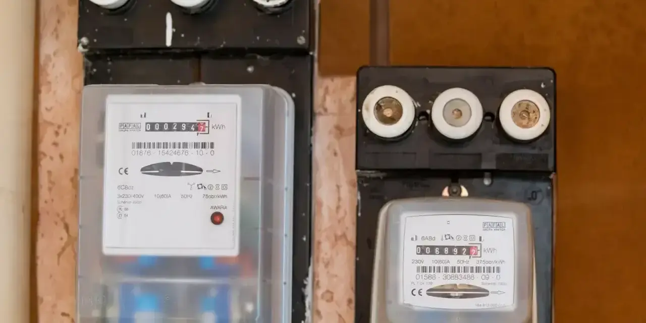 Dwa liczniki energii elektrycznej, jeden większy z czerwonym wskaźnikiem awarii, drugi mniejszy.