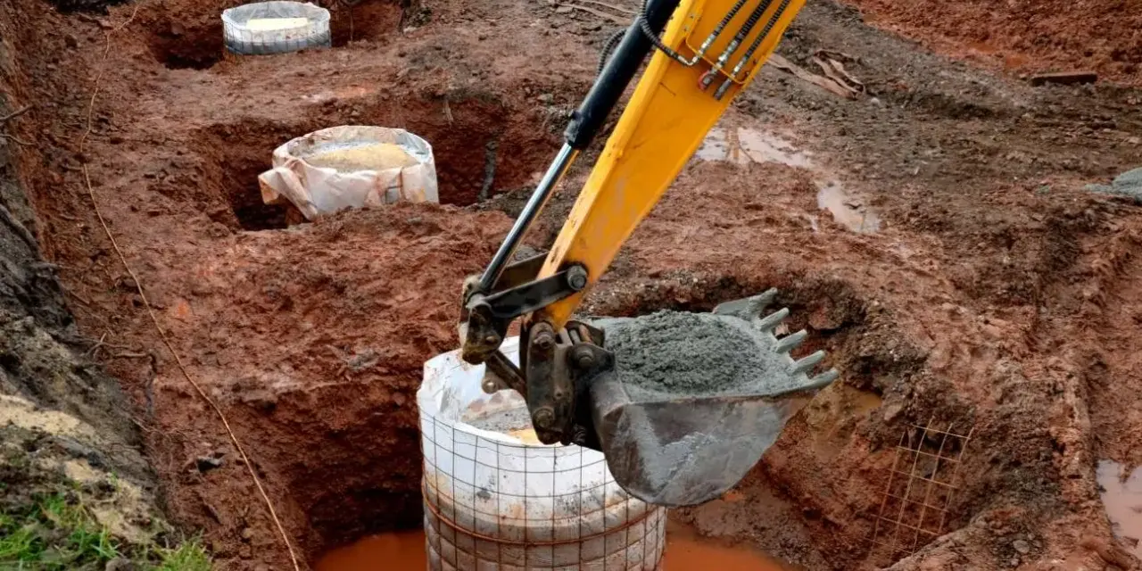 Koparka zasypuje betonem fundament palowy w wykopie. W tle widać kolejne przygotowane do zalania pale.