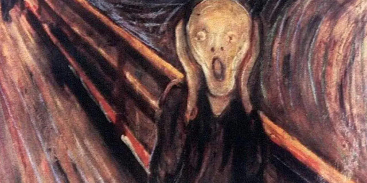 En ikonisk målning av Edvard Munch, "Skriet", visar en skräckslagen figur som håller sig för öronen mot en dramatisk, virvlande bakgrund.