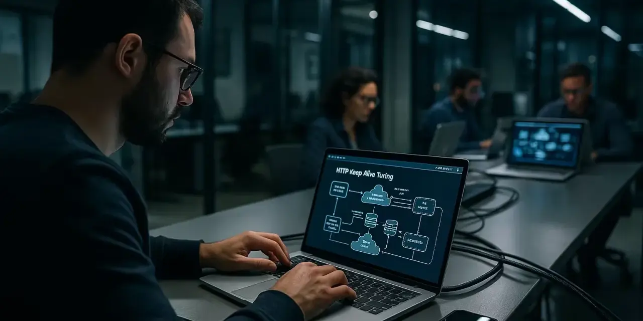 Ein Mann mit Brille tippt auf einem Laptop, auf dem ein Diagramm mit dem Titel "HTTP Keep Alive Turing" zu sehen ist. Er arbeitet daran, die Verbindung am Leben zu halten.