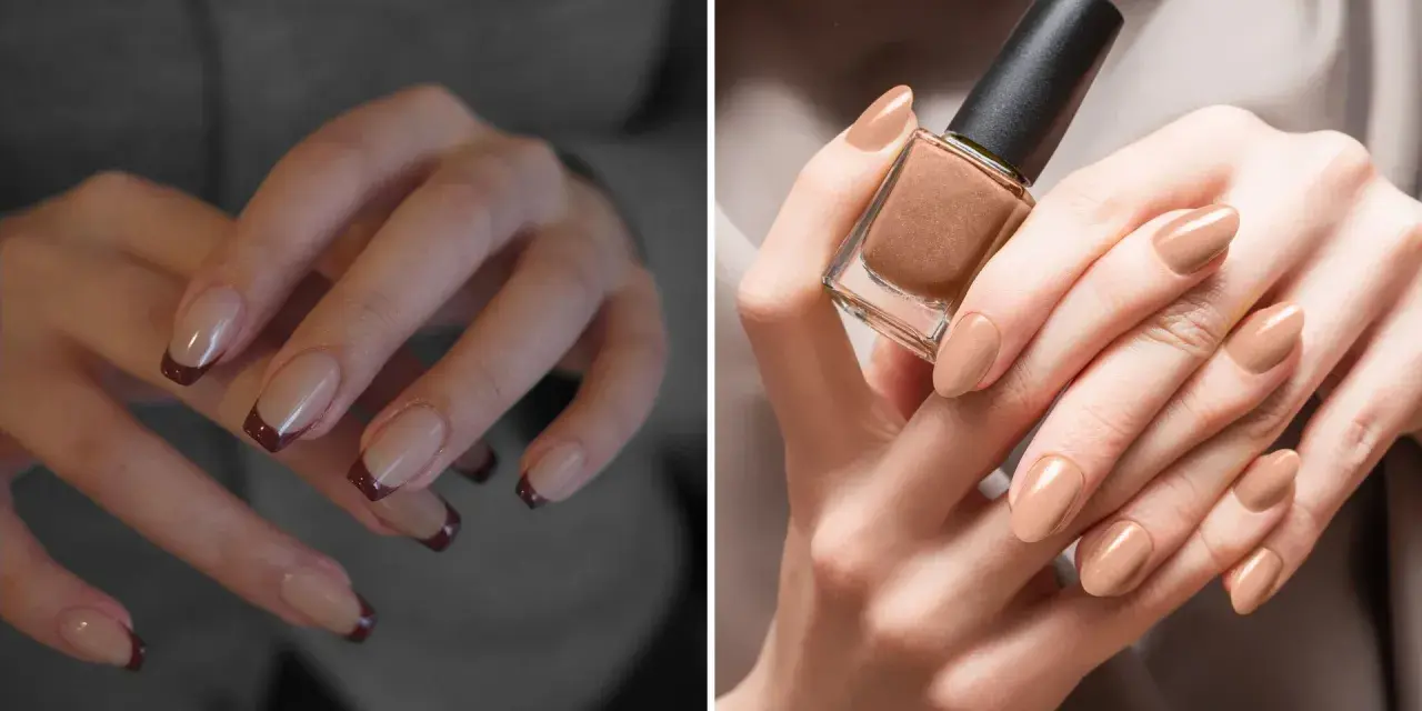 Dwie propozycje delikatnych paznokci na jesień: klasyczny french z bordową końcówką i beżowy manicure z błyszczącym lakierem.