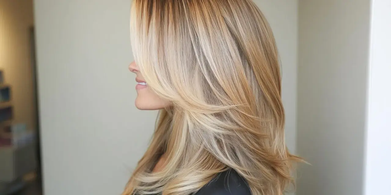 Kobieta z pięknymi, warstwowymi włosami w odcieniu ombre blond.