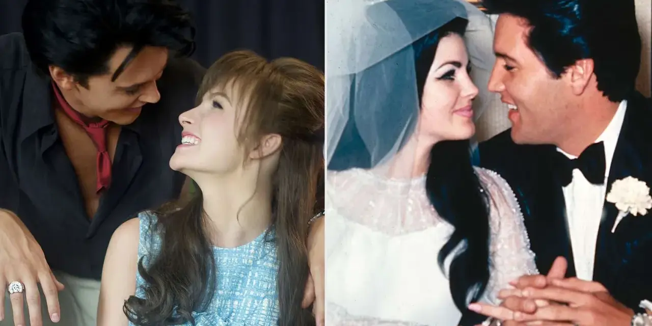 Kadr z filmu o Elvisie: Austin Butler jako młody Elvis i Priscilla Presley, obok ujęcie z ich ślubu.