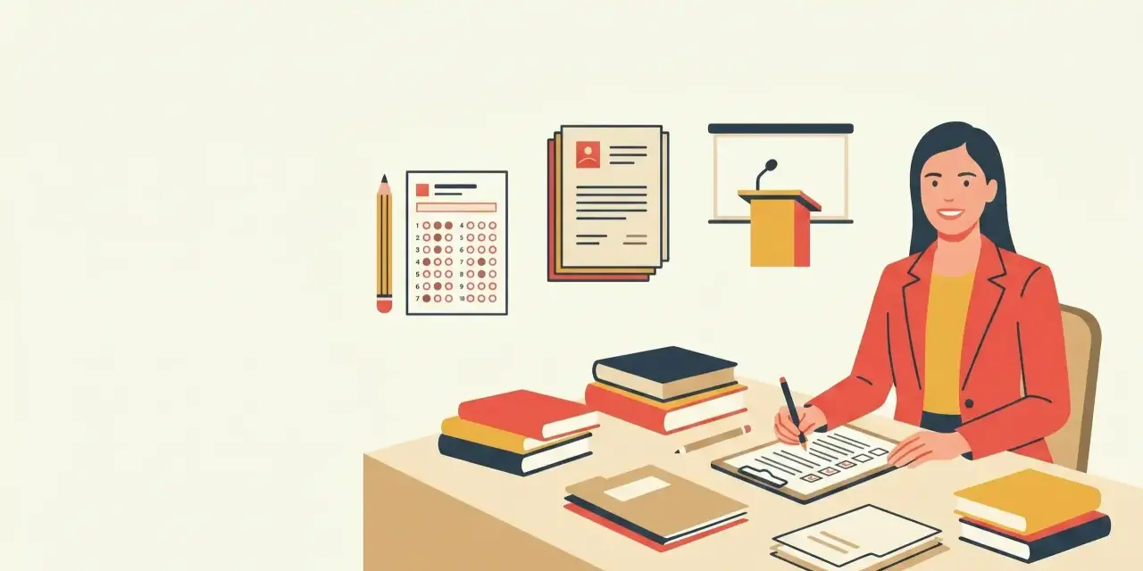 Frau am Schreibtisch mit Büchern, Prüfungsbogen und Stift. Sie arbeitet an ihrem Master ohne Bachelor NRW.