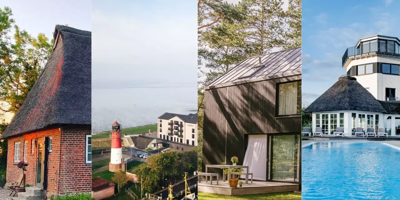 Entdecken Sie besondere Hotels Norddeutschland: Reetdachhaus, Leuchtturm, moderne Architektur und Pool.