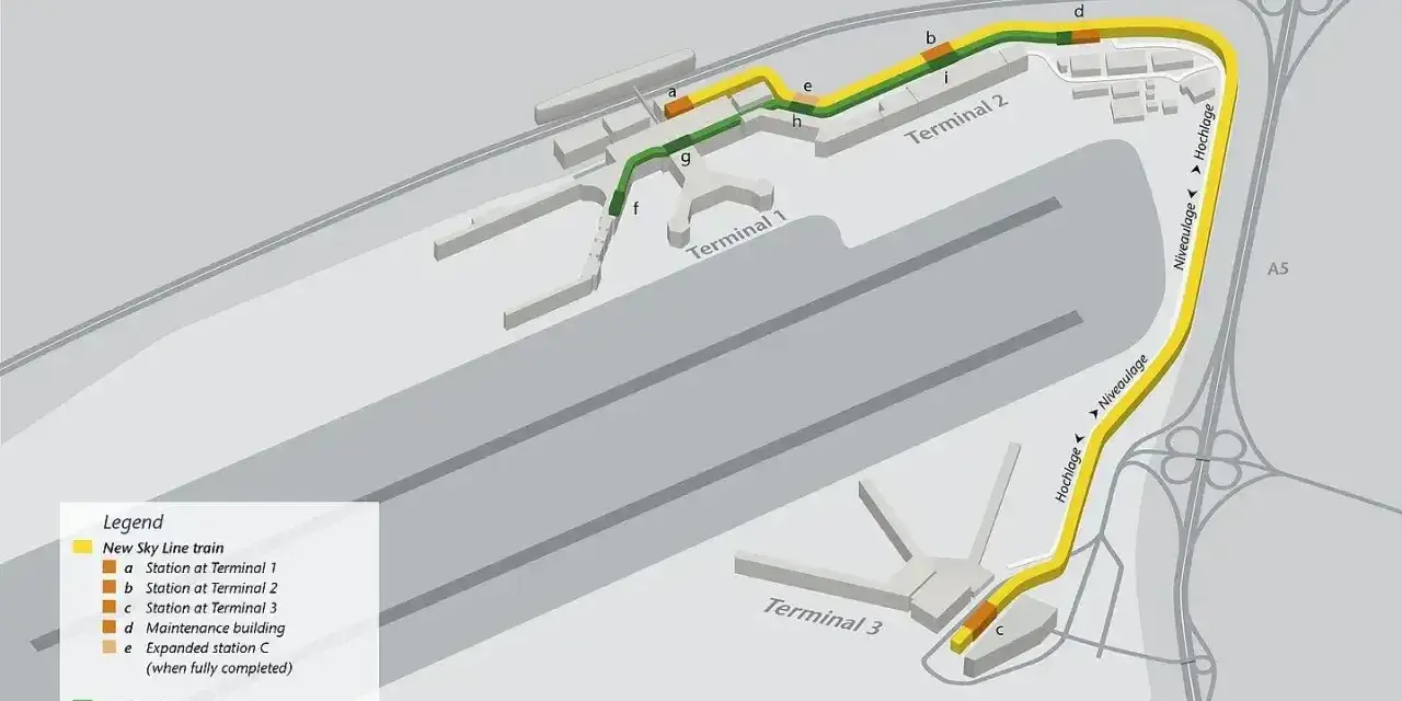 Schemat lotniska Frankfurt nad Menem z zaznaczonymi nowymi i istniejącymi trasami Sky Line train łączącymi terminale 1, 2 i 3.