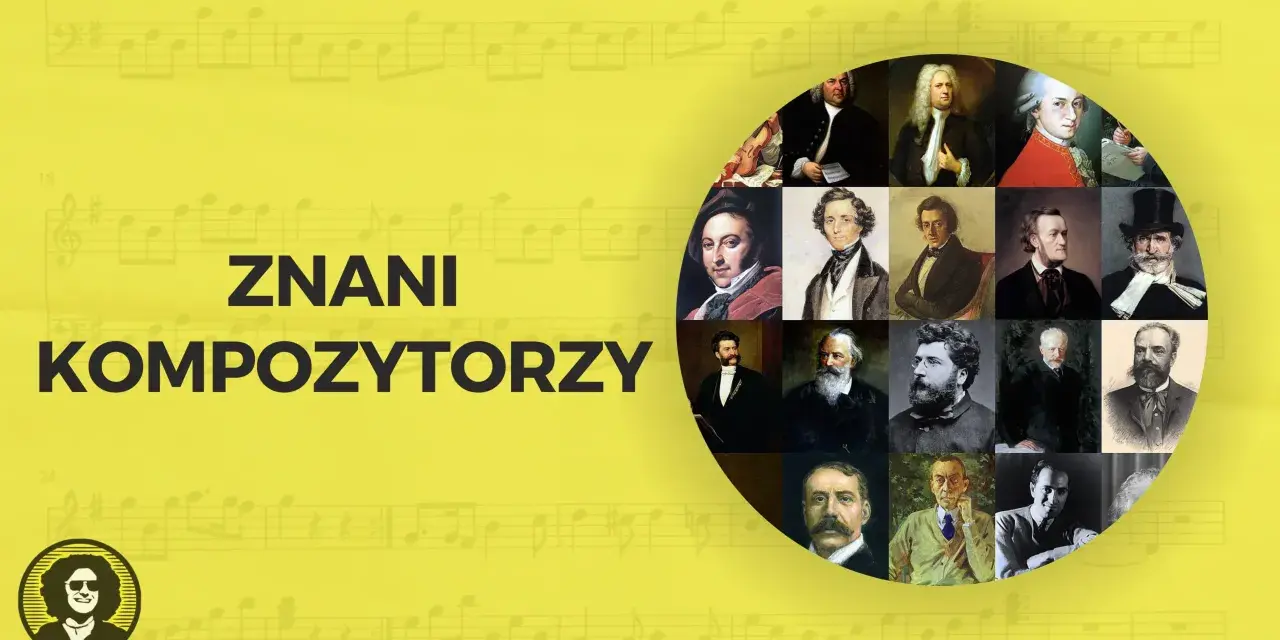 Kolaż portretów znanych kompozytorów muzyki klasycznej, od Bacha po współczesnych twórców.