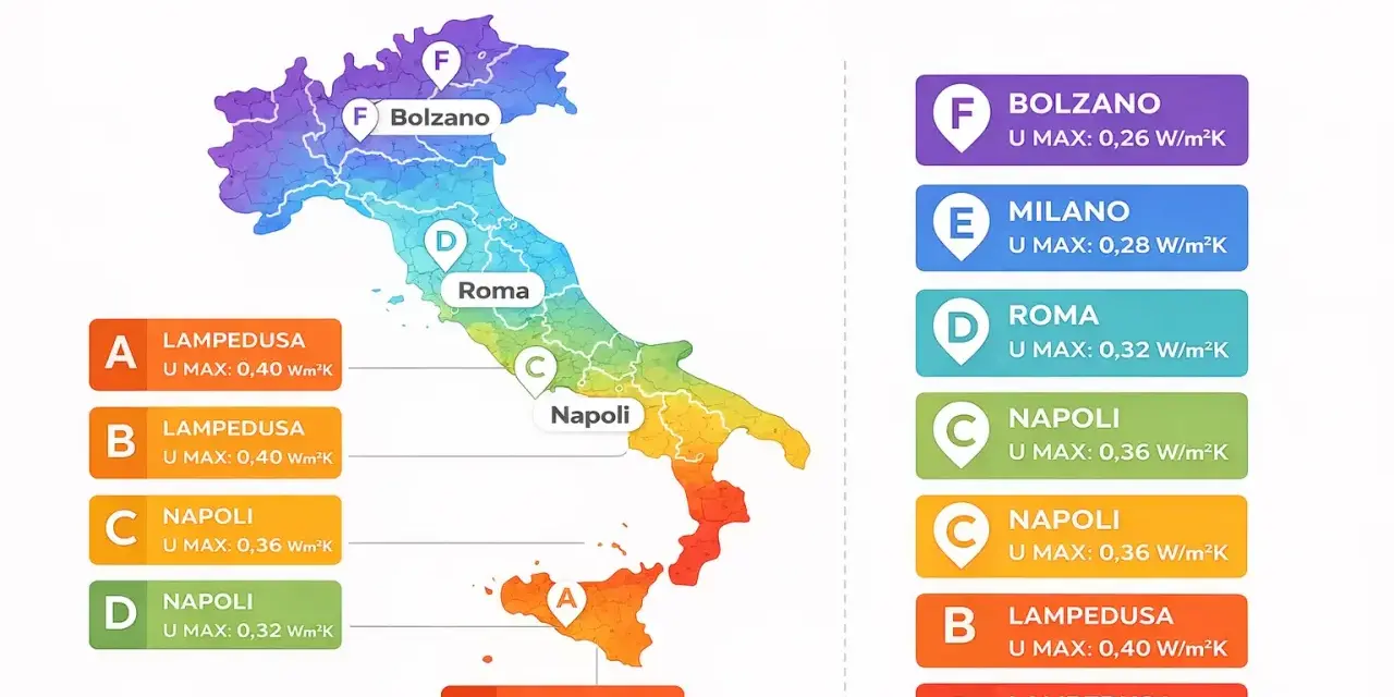 Mappa delle zone climatiche italiane con indicazione della trasmittanza cappotto termico massima consentita per ogni zona, da F (Bolzano) ad A (Lampedusa).
