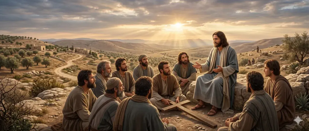 Jesus lehrt seine Jünger, die Landschaft von Psalm 26 im Hintergrund.