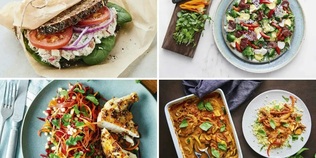 Fyra maträtter: smörgås, sallad, kyckling med grönsaker och gryta. Bra för att få ditt protein per kilo kroppsvikt.
