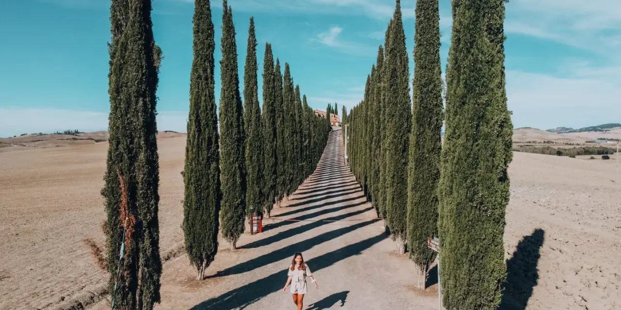 Una donna cammina lungo un viale di cipressi nel Val d'Orcia, Italia, sotto un cielo azzurro.