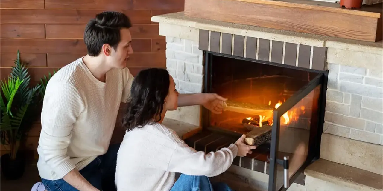 Pareja añade leña a la chimenea, creando un ambiente acogedor. Los insertables de madera se queman, iluminando la habitación.