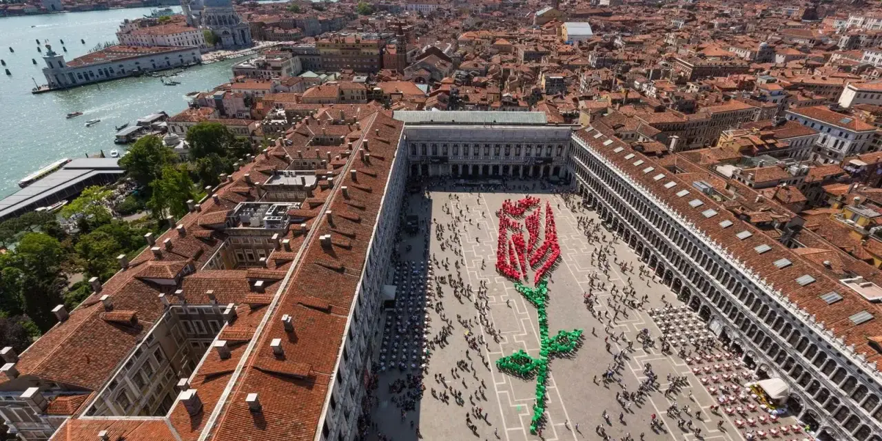 Venezia celebra il giorno di San Marco con una gigantesca rosa umana rossa e verde in Piazza San Marco.